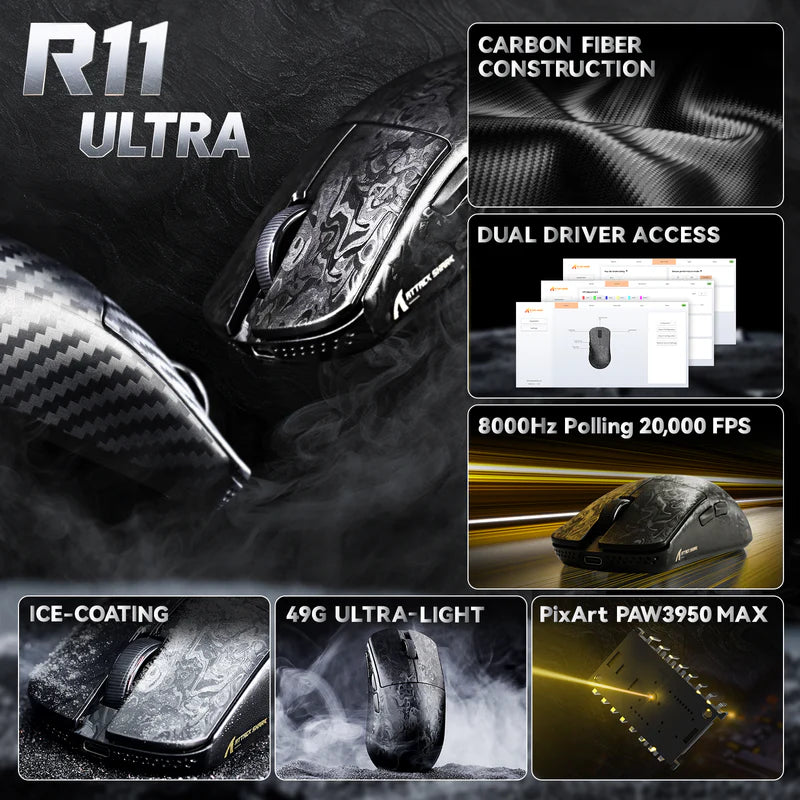 Attack Shark R11 Ultra Draadloze Gaming Muis, Carbon Fiber, 49g