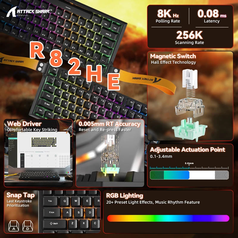 Attack Shark R82 HE Gaming Toetsenbord, Hall Effect, 75% 80 Toetsen, 8K Polling