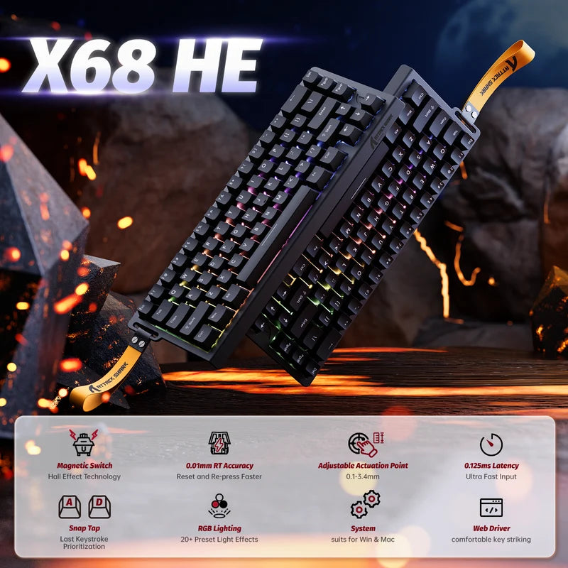 Attack Shark X68 HE Gaming Toetsenbord, Hall Effect, Compact 66 Toetsen