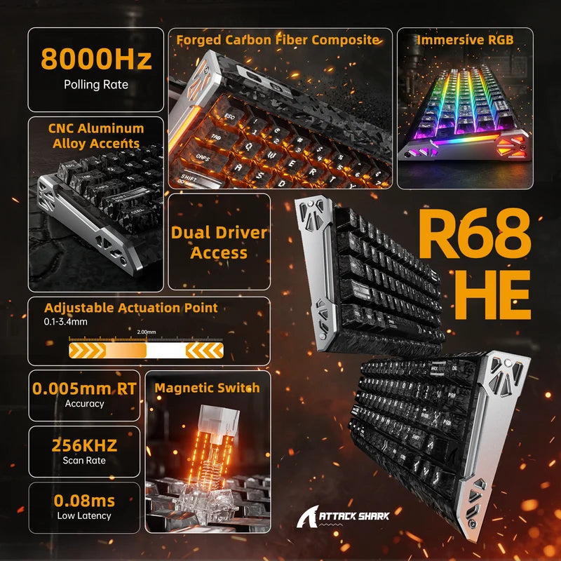 Attack Shark R68 HE Gaming Toetsenbord, Hall Effect, Carbon Fiber, 8K Polling