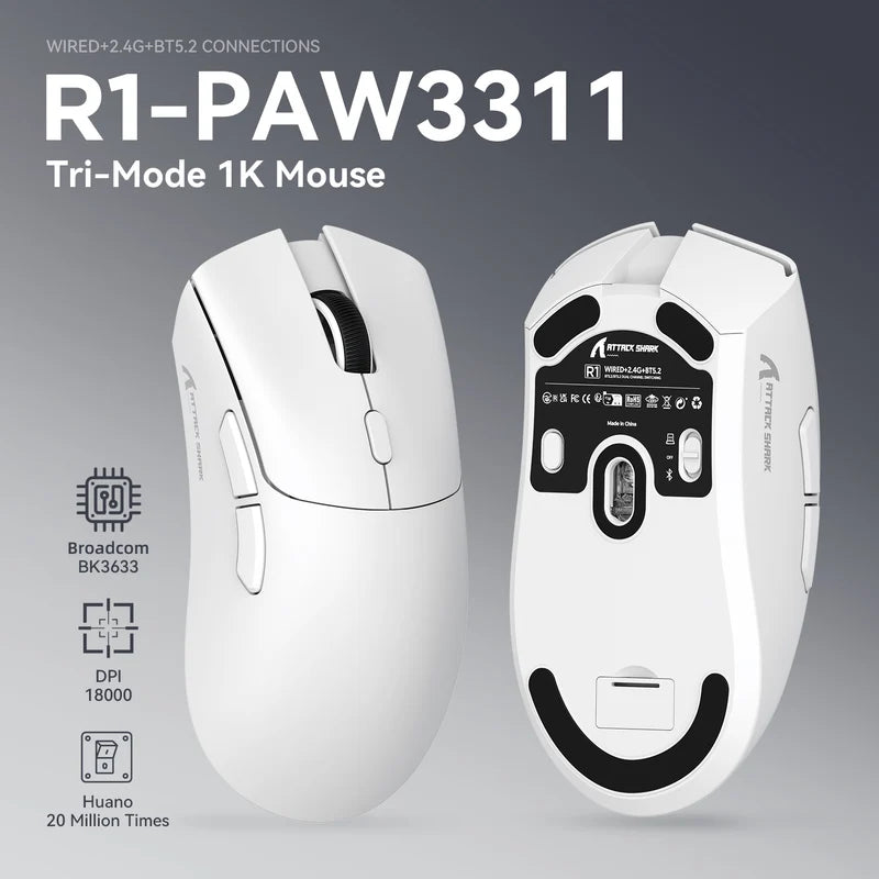 Attack Shark R1 Draadloze Gaming Muis, 59g, 2.4G en Bluetooth 5.2