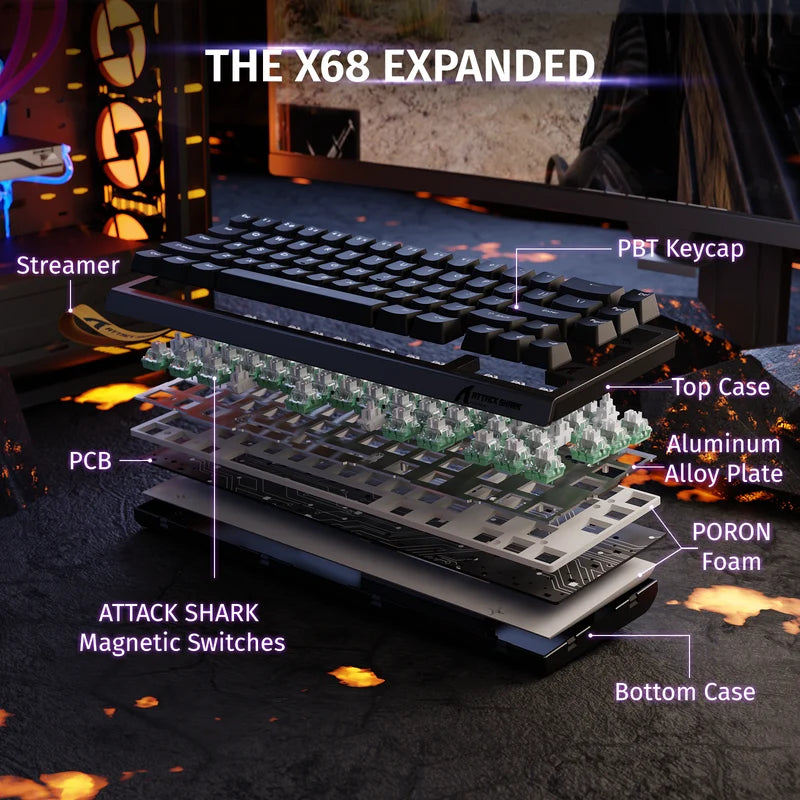 Attack Shark X68 HE Gaming Toetsenbord, Hall Effect, Compact 66 Toetsen