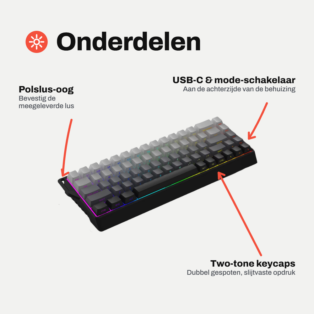 Amply K68 Draadloos Mechanisch Gaming Toetsenbord, 68 Toetsen 65%, Hot-Swap, RGB, Draadloos